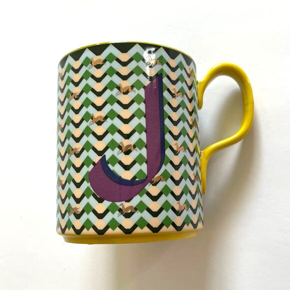 Anthropologie Parker Stoneware Monogram Mug “J” - 14.8 oz‎ - Micro Geo NWOB - Picture 1 of 6